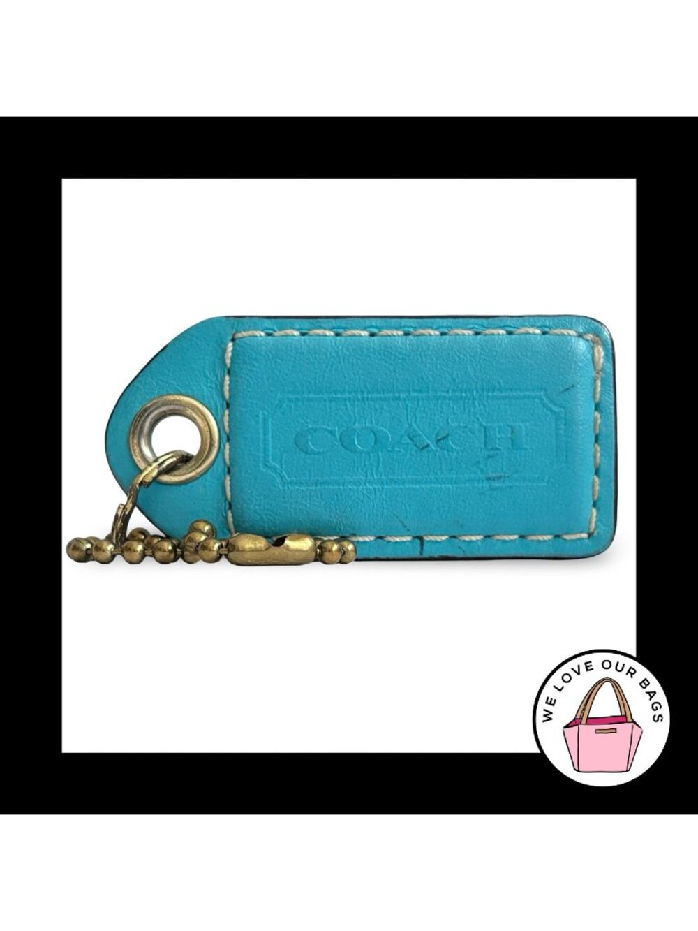 COACH Y2K VINTAGE Hang Tag 2.5" Blue Leather Bag Charm Keychain Fob Brass Large